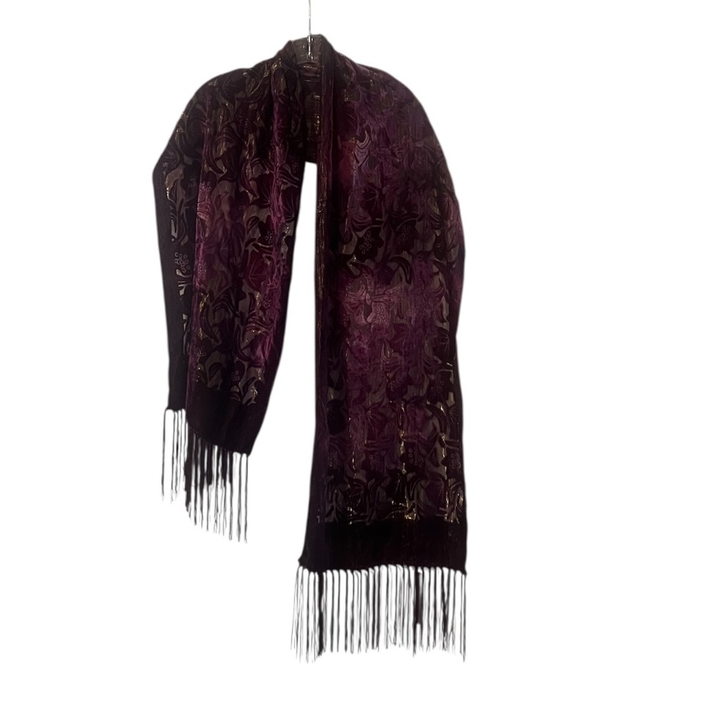 Burgundy devore velvet scarf, featuring a burnout velvet floral pattern & fringe